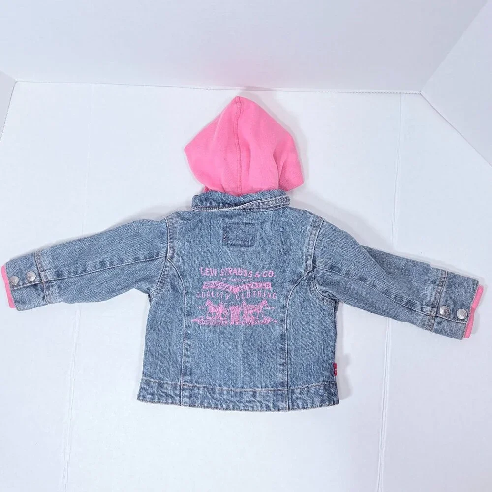Vintage Levis Y2K Baby Girls Embroidered Pink Hoodie + Denim Jean Jacket 18m